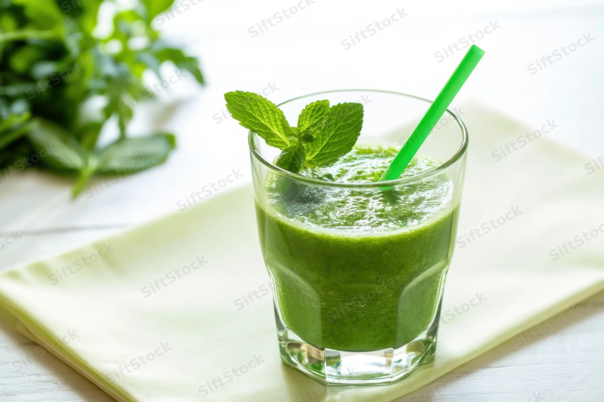 Green smoothie in a glass with mint garnish and straw on a napkin