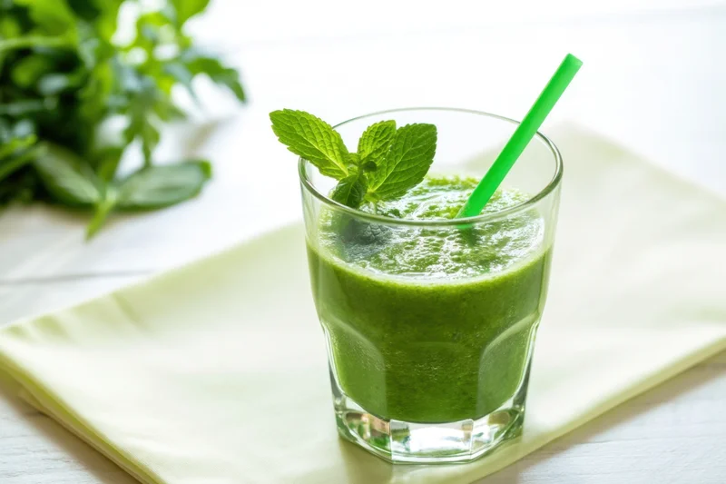 Green smoothie in a glass with mint garnish and straw on a napkin
