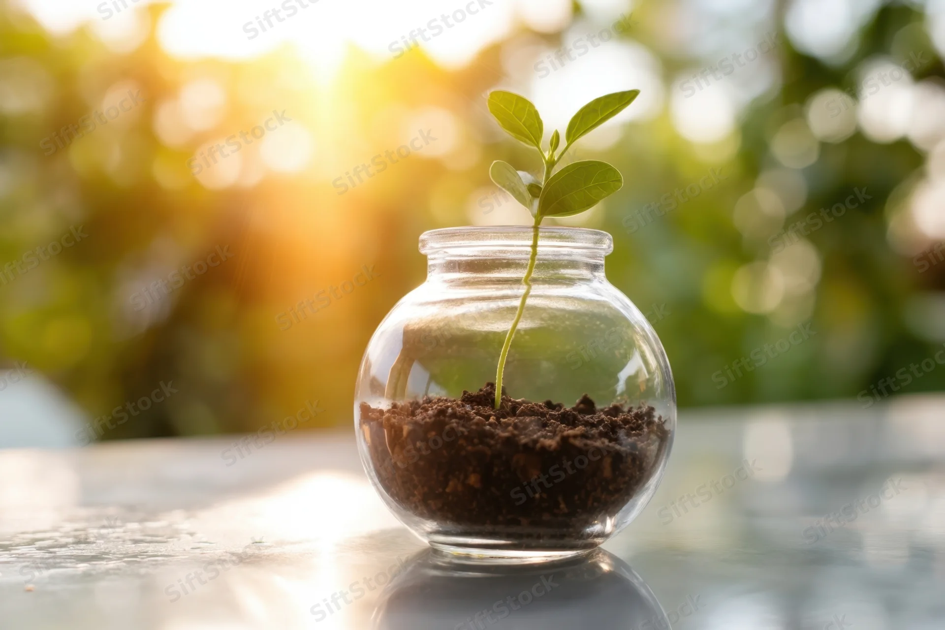 Small green seedling growing in a glass jar filled with soil on a reflective surface with sunlight in the background