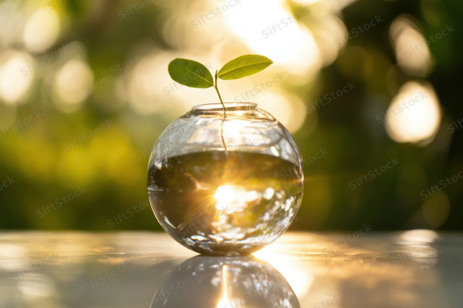 Tiny green seedling growing in a glass orb filled with water on a reflective surface with sunlight streaming through