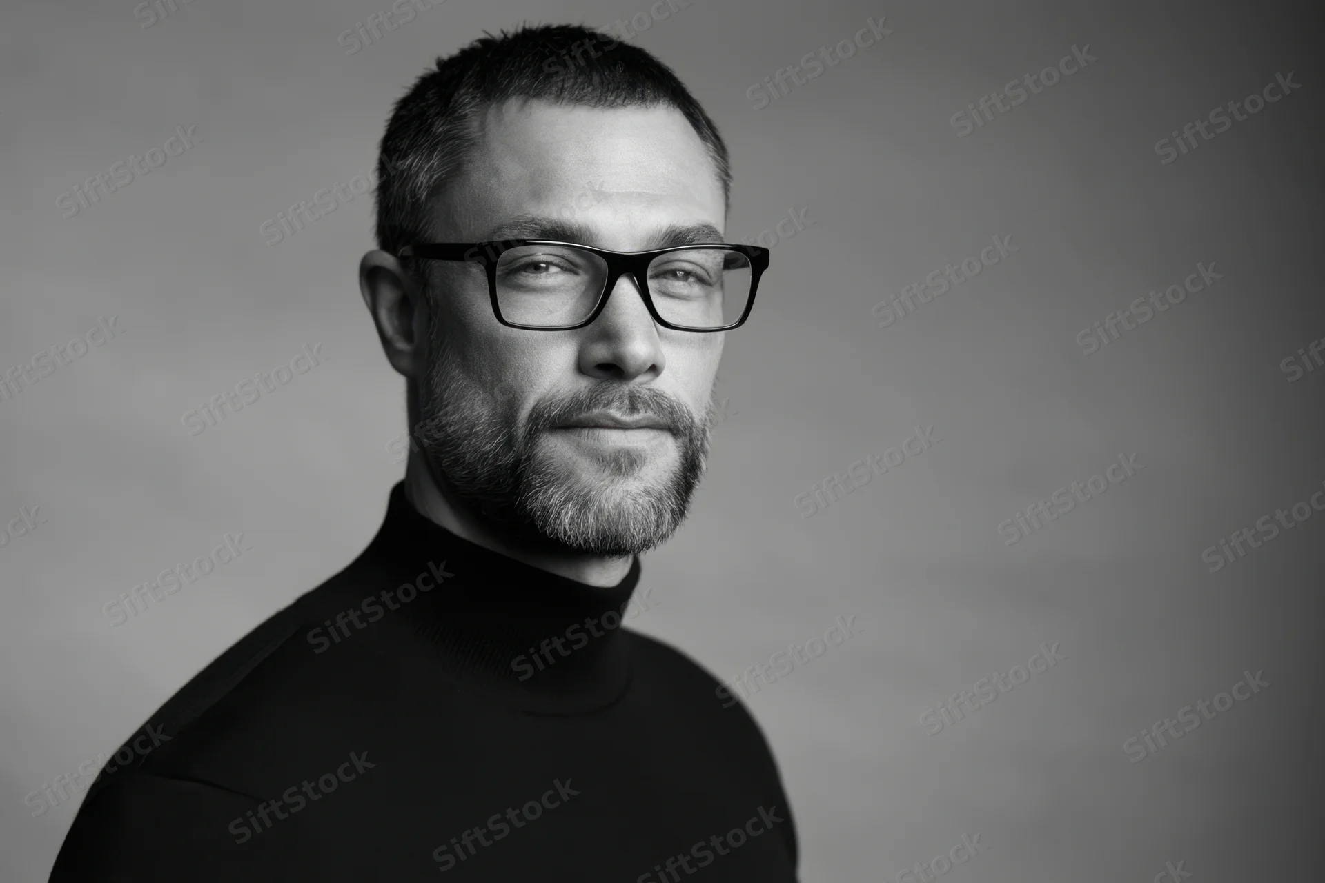 Man with glasses and beard in black turtleneck posing in studio