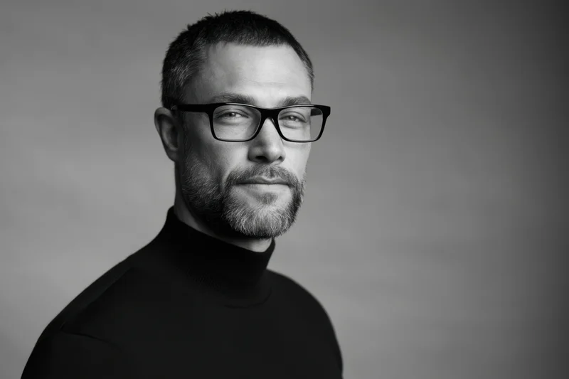 Man with glasses and beard in black turtleneck posing in studio