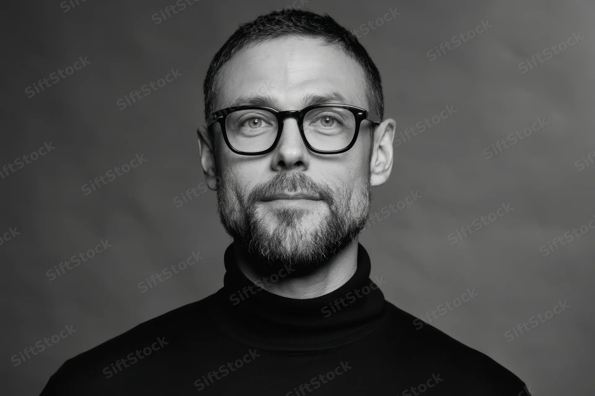 Man with short dark hair and beard wearing black turtleneck and glasses in studio portrait