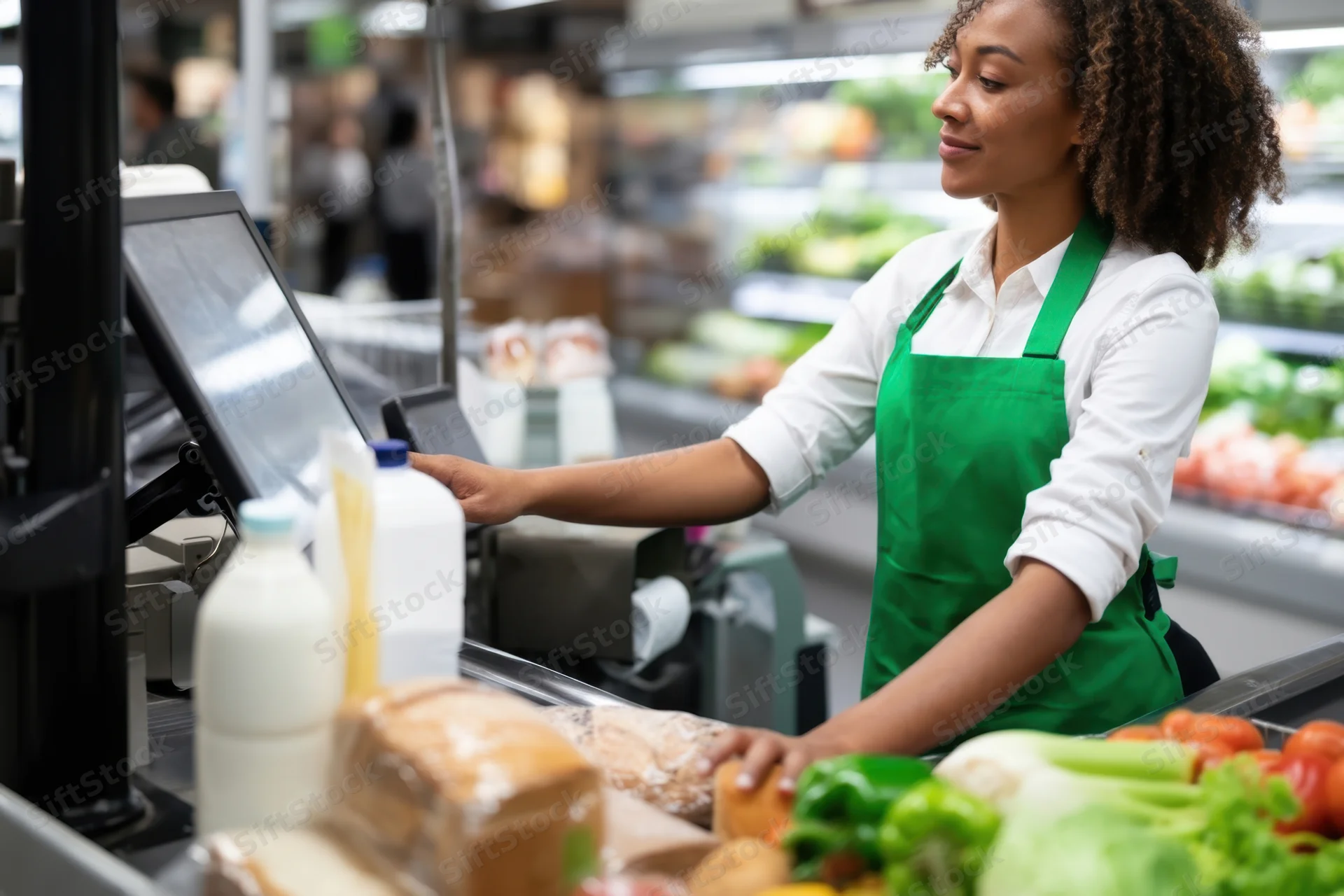 Woman cashier in green apron scanning groceries at supermarket checkout