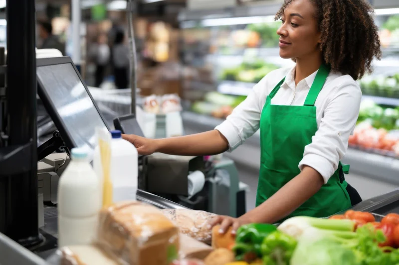 Woman cashier in green apron scanning groceries at supermarket checkout