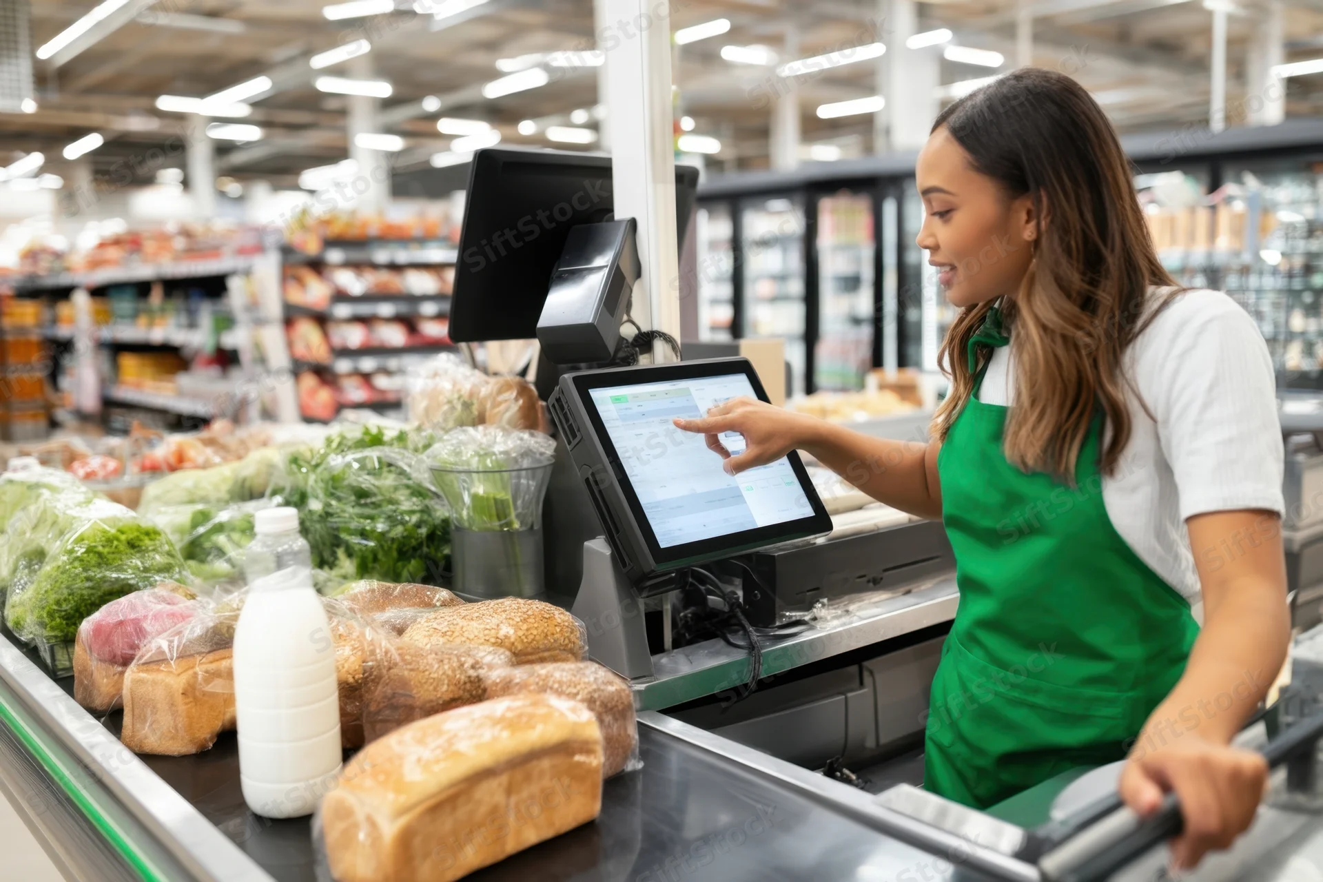 Woman in green apron operating touchscreen checkout at grocery store counter