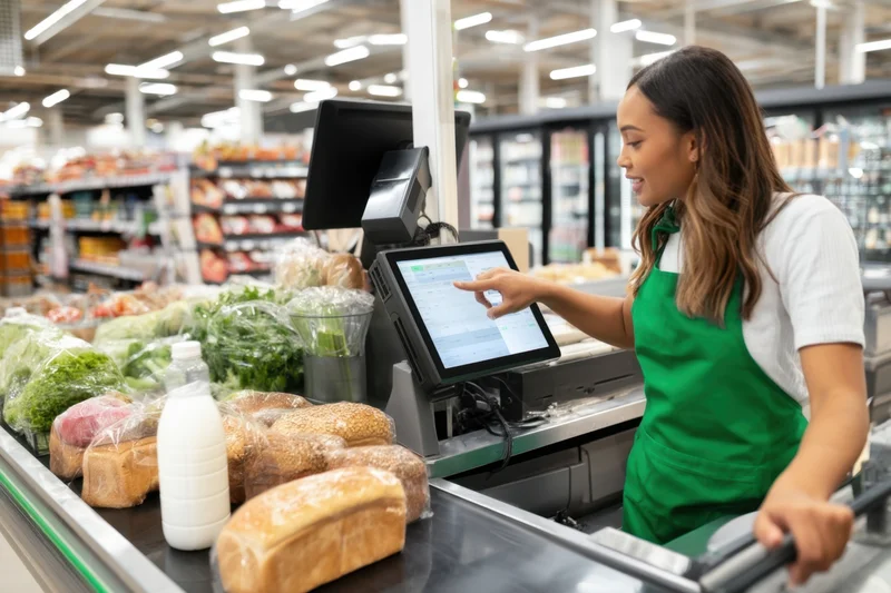Woman in green apron operating touchscreen checkout at grocery store counter