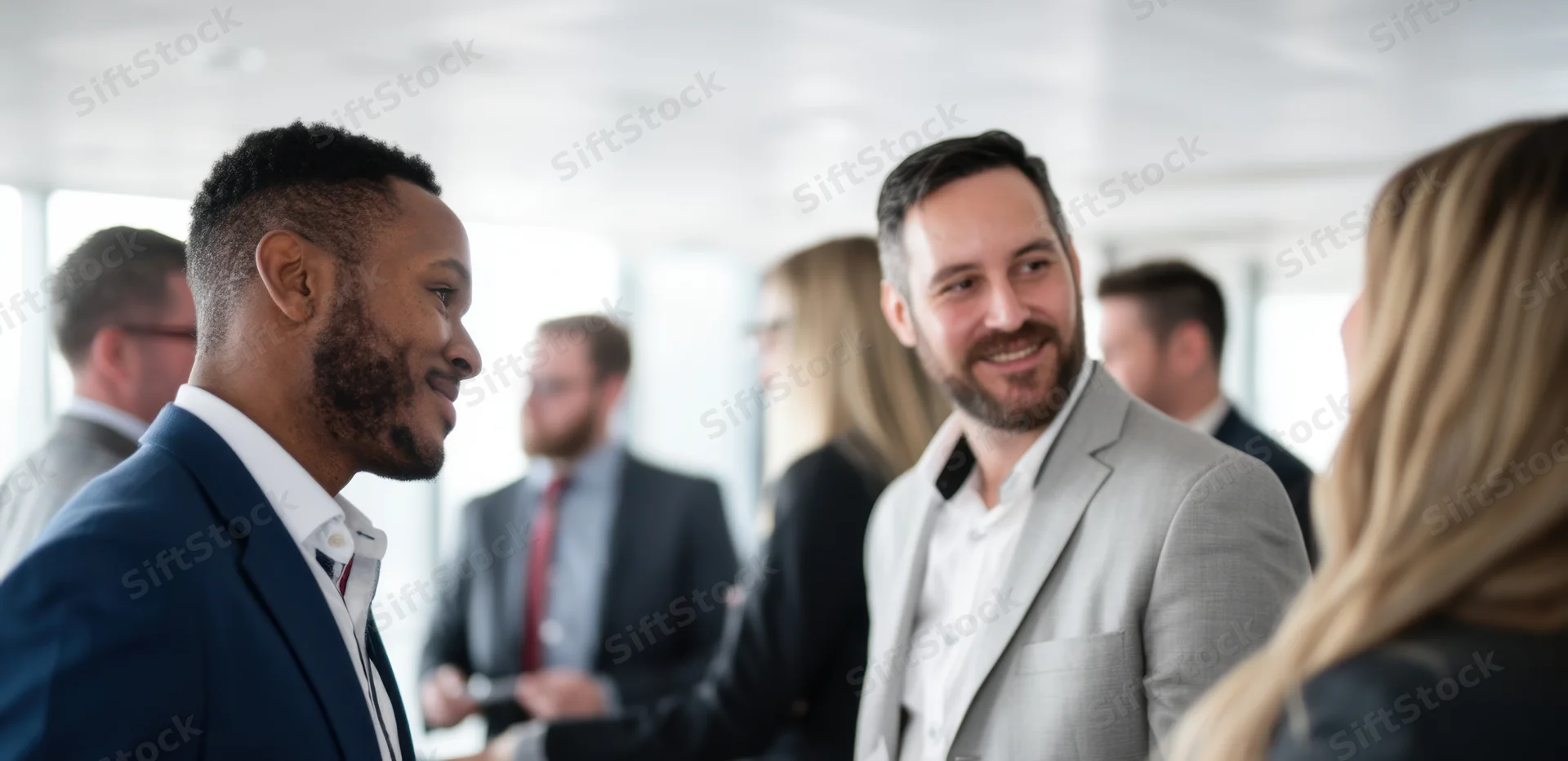 Business professionals in smart attire conversing in a modern office setting