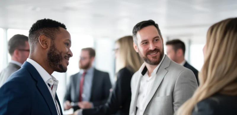 Business professionals in smart attire conversing in a modern office setting