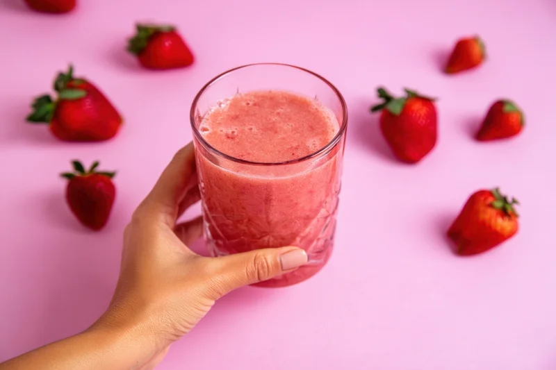 Hand holding a pink strawberry smoothie in a faceted glass on a pink surface with scattered strawberries