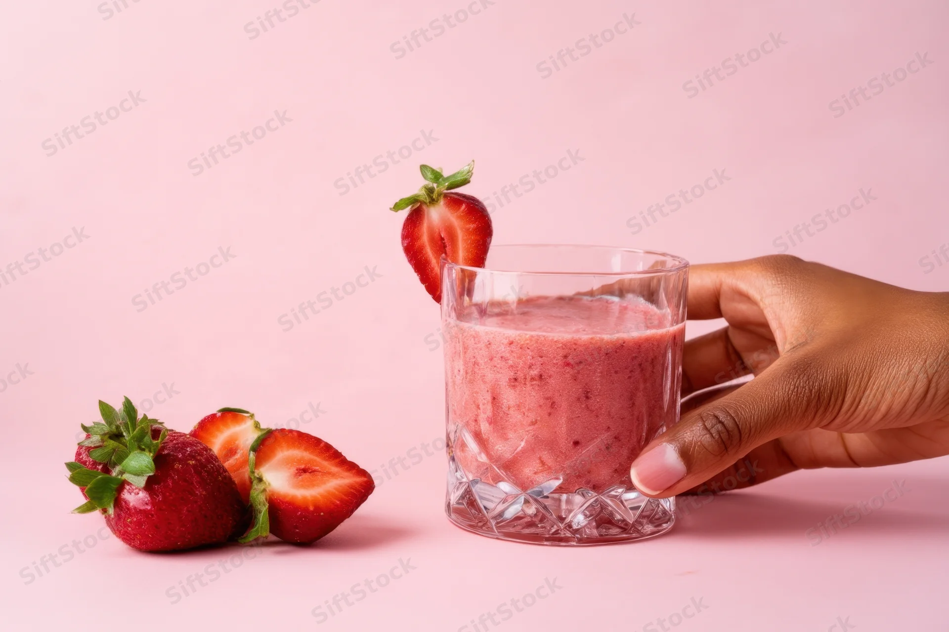 Hand holding a pink strawberry smoothie in a faceted glass with fresh strawberries on a pink surface