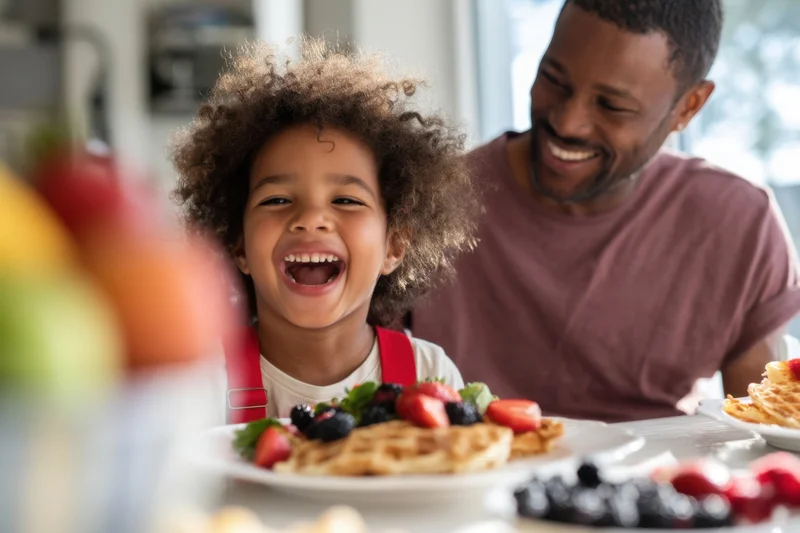 Child laughing at breakfast table with waffles and fruit while father smiles beside them