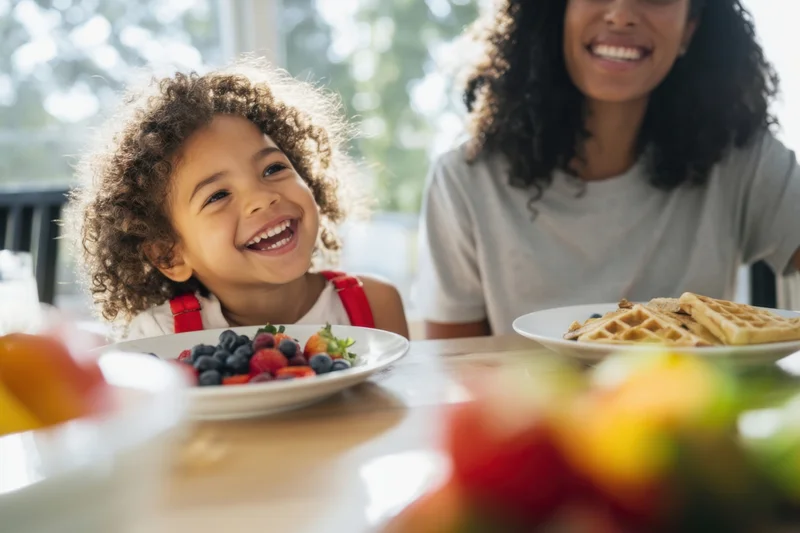 Child laughing at breakfast table with mother and fruit plate