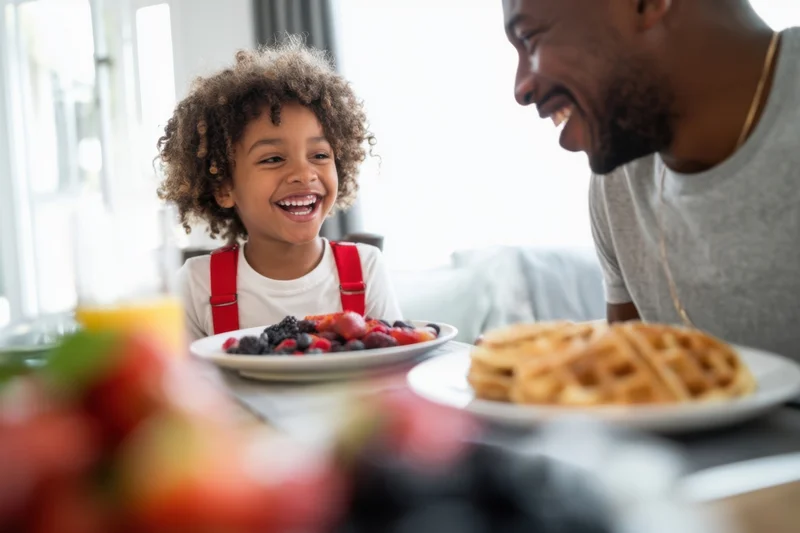 Child laughing at breakfast table with father, plates of waffles and fruit in front of them
