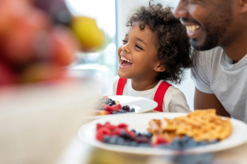 Child laughing with father at breakfast table in kitchen