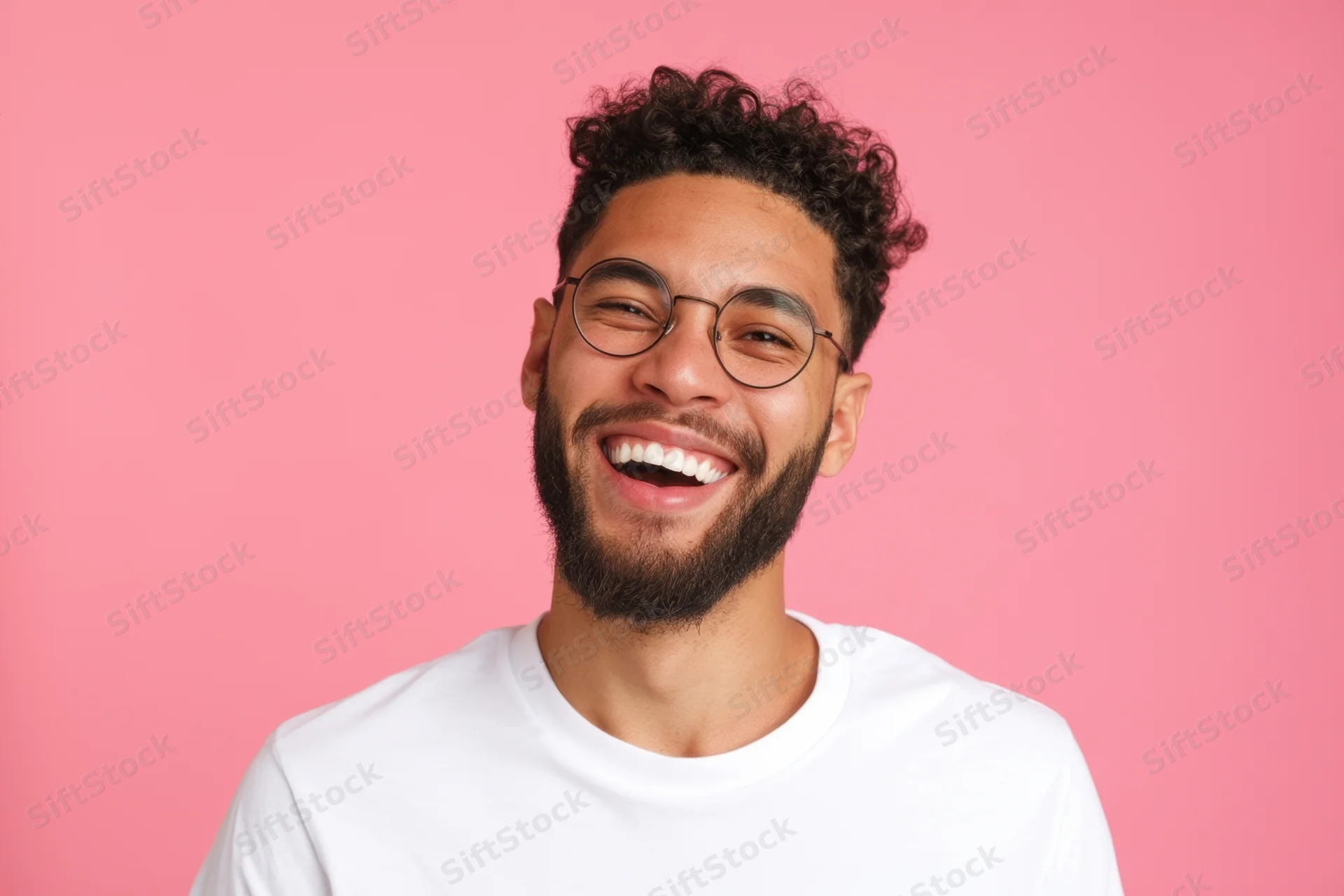 Young man laughing with curly hair and round glasses against pink background wearing white t-shirt