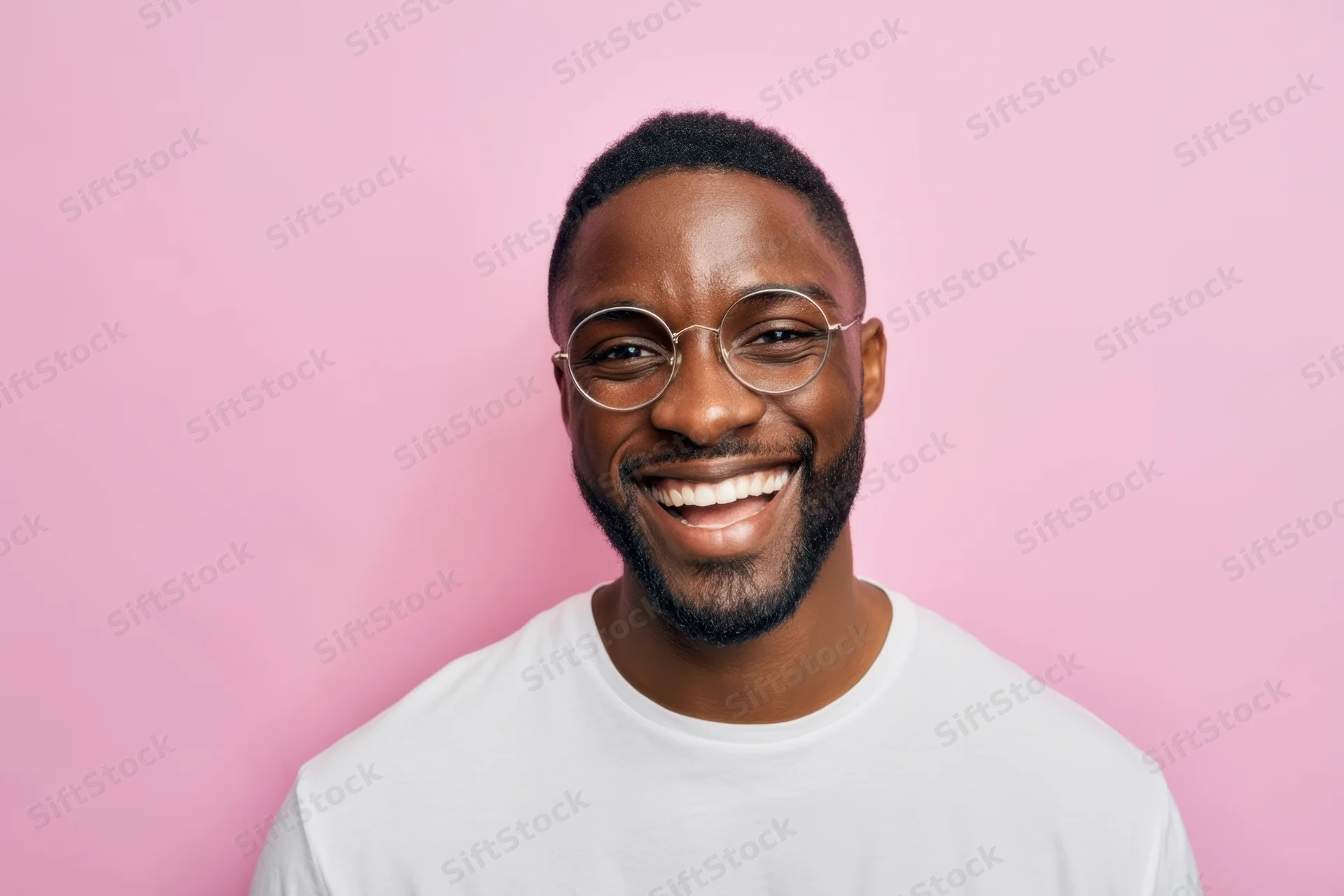 Smiling man in white t-shirt and round glasses against pink background