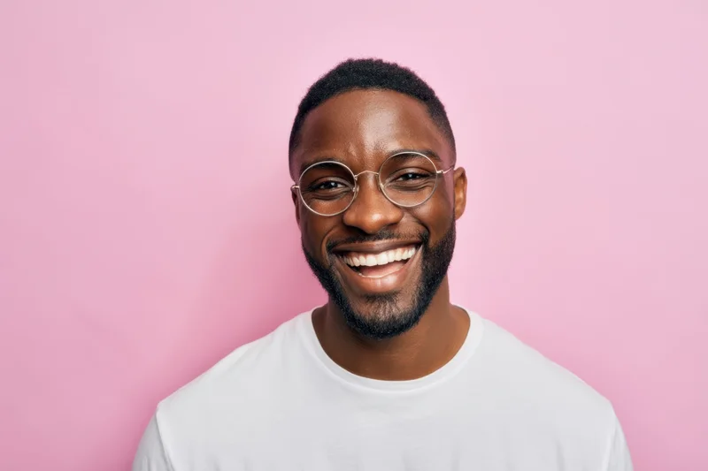 Smiling man in white t-shirt and round glasses against pink background