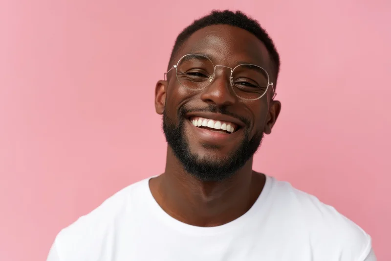 Smiling man in white t-shirt and round glasses against pink background
