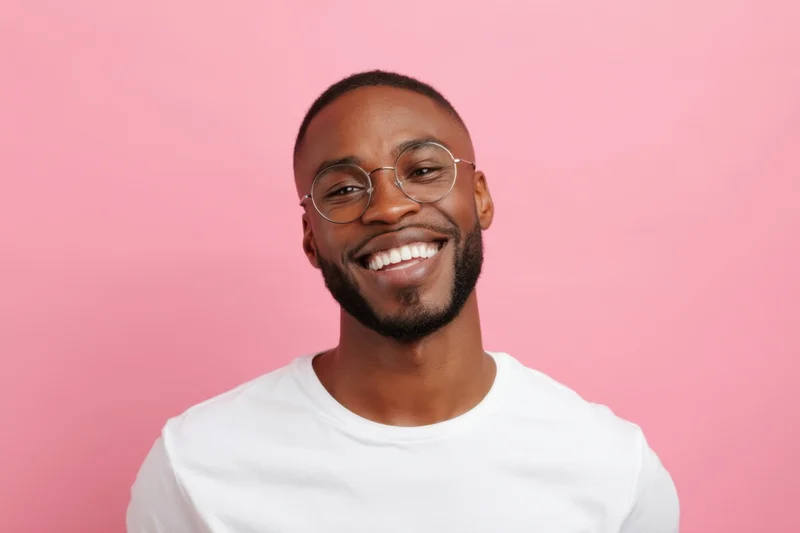 Smiling young black man in white t-shirt and round glasses against pink background