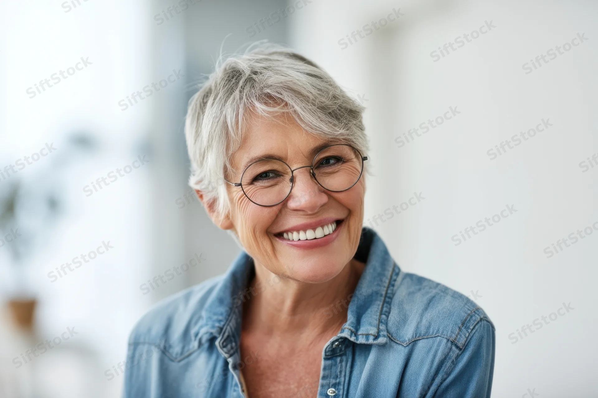 Smiling senior woman with short gray hair and round glasses in a bright indoor setting