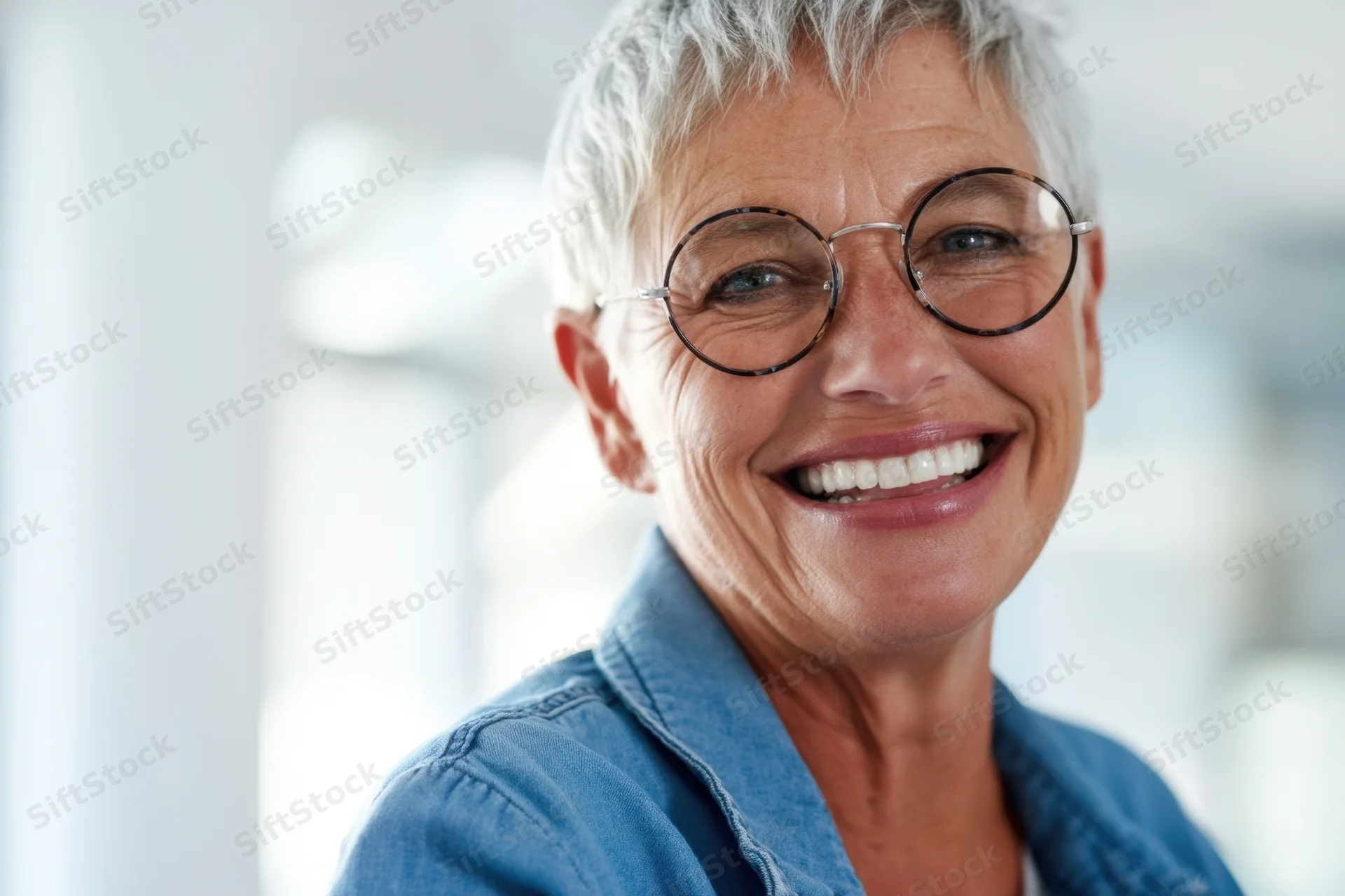 Smiling senior woman with short gray hair and round glasses in a bright indoor setting