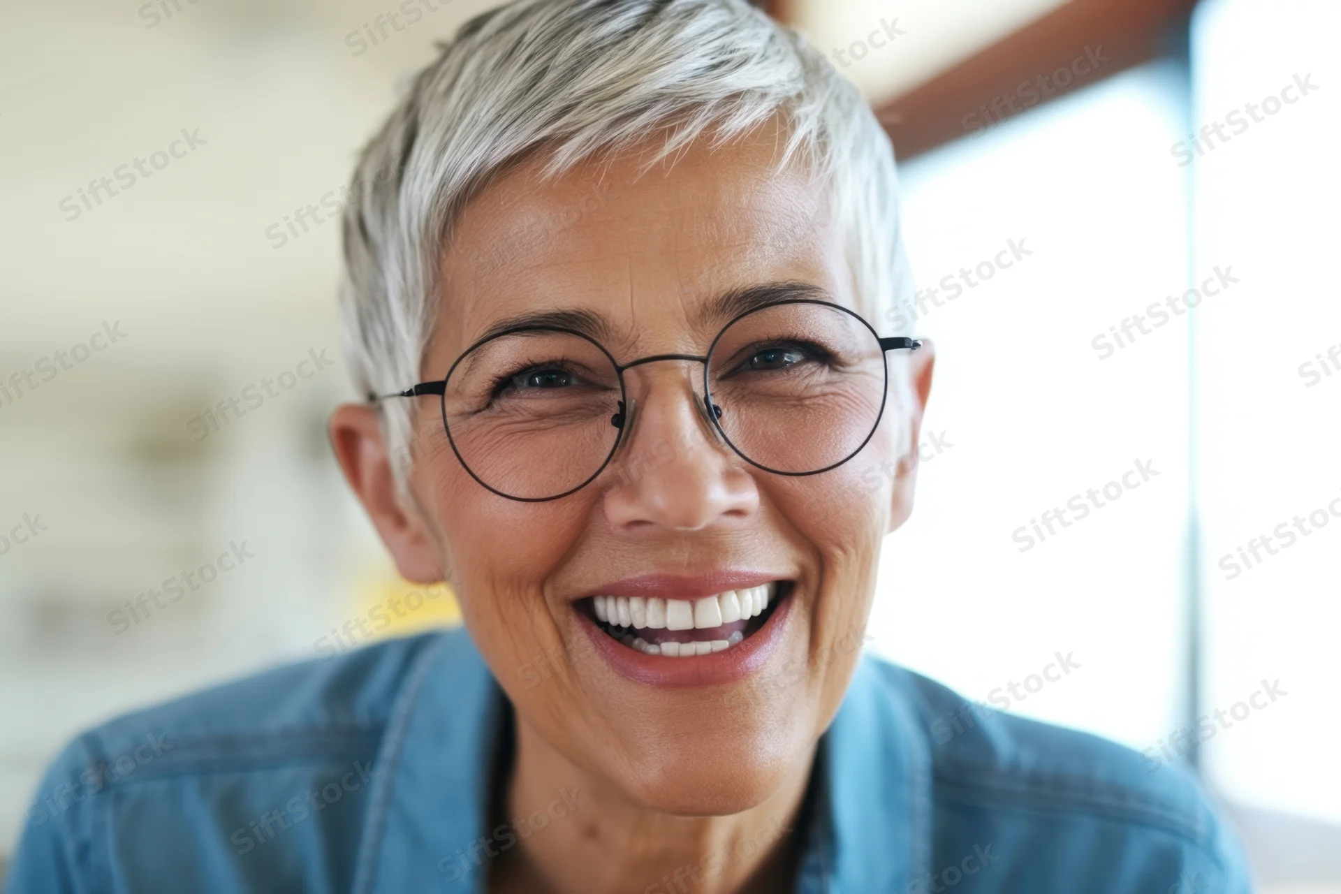 Smiling senior woman with short gray hair and round glasses in a bright indoor setting