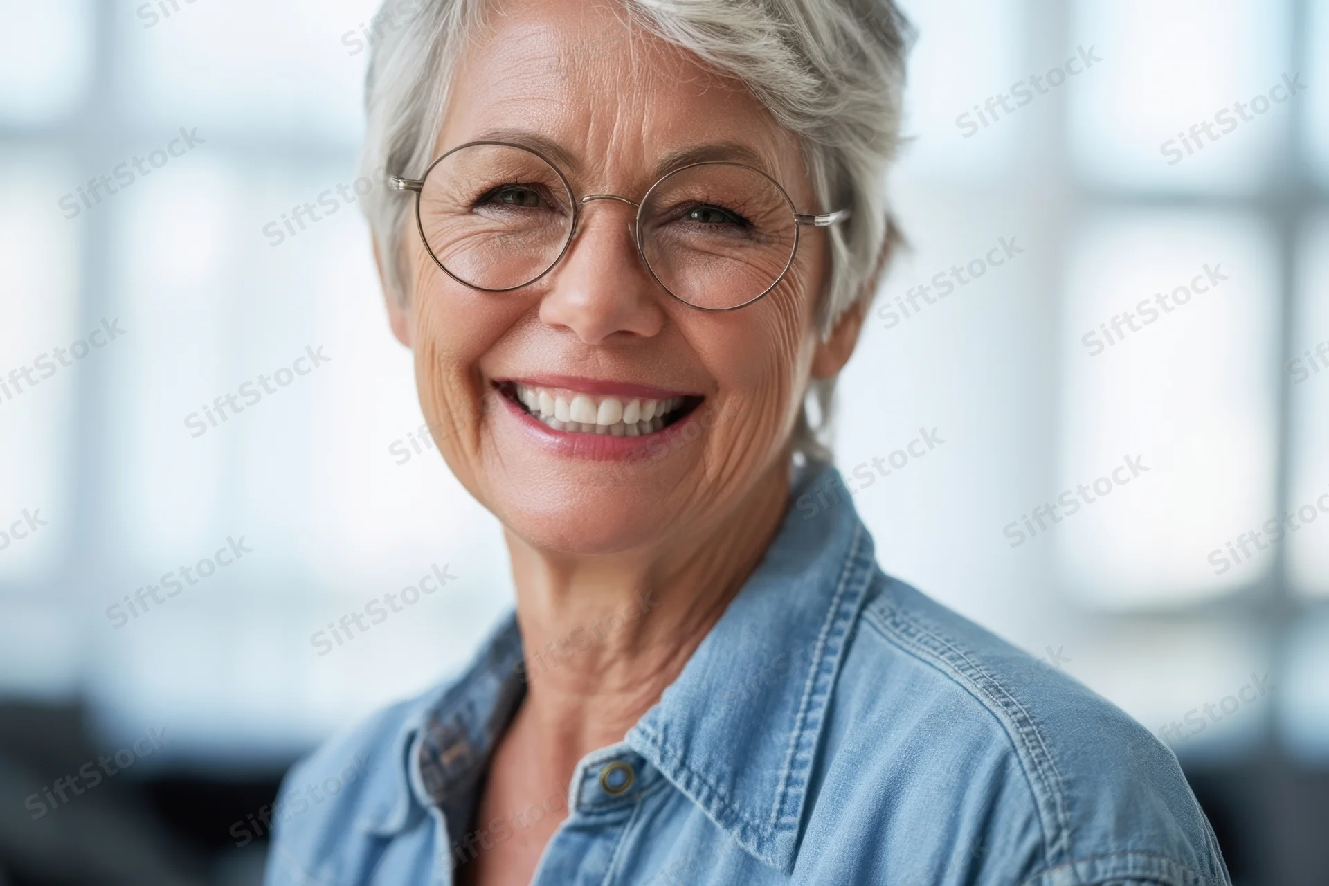 Smiling senior woman with short gray hair and round glasses in a bright indoor setting