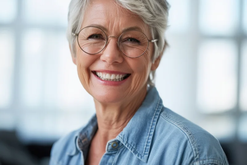Smiling senior woman with short gray hair and round glasses in a bright indoor setting