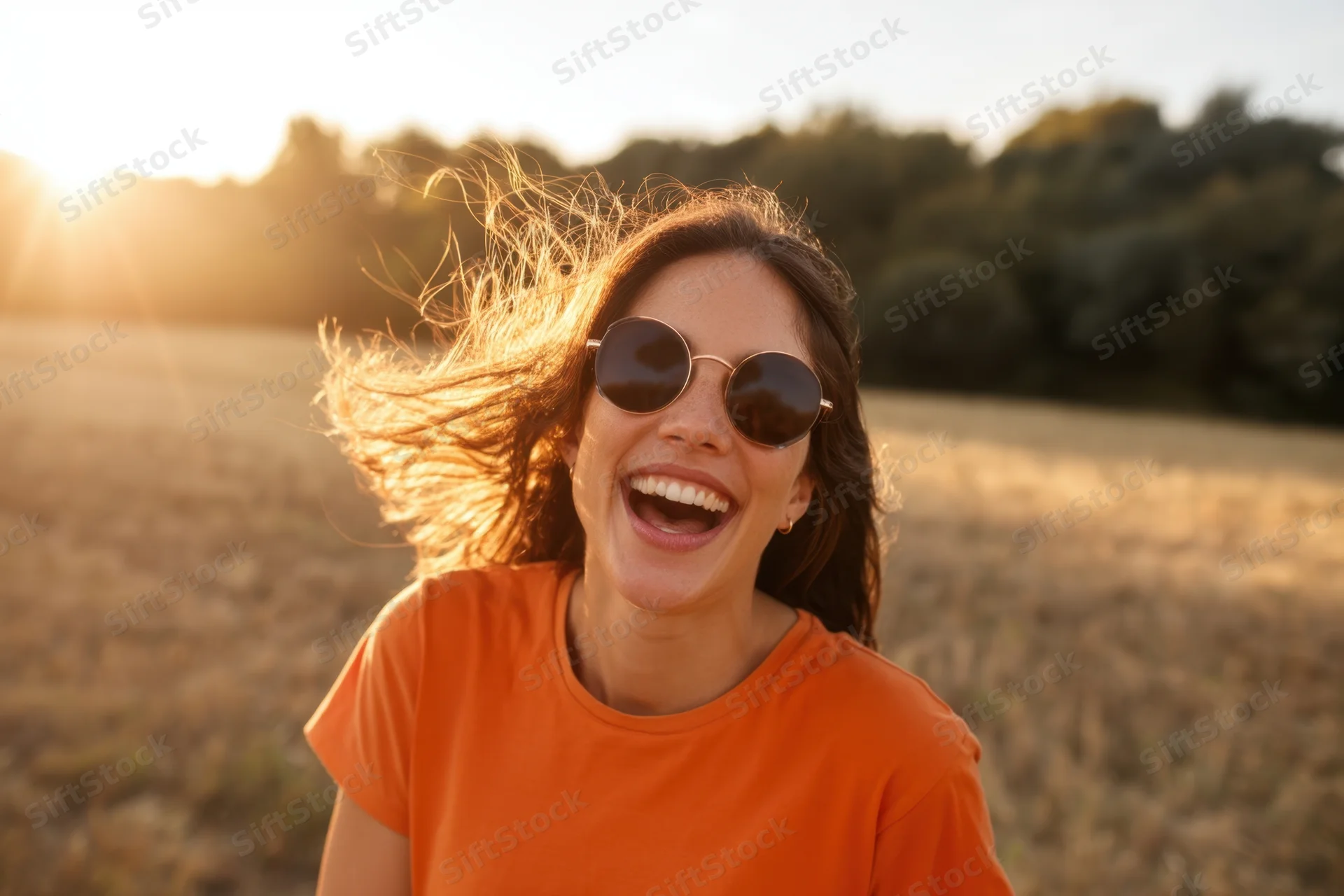 Woman laughing with hair blowing in wind in a field at sunset