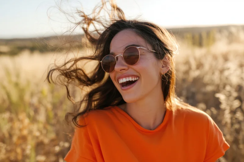 Woman laughing with hair blowing in wind in a sunlit field wearing orange tshirt and round sunglasses