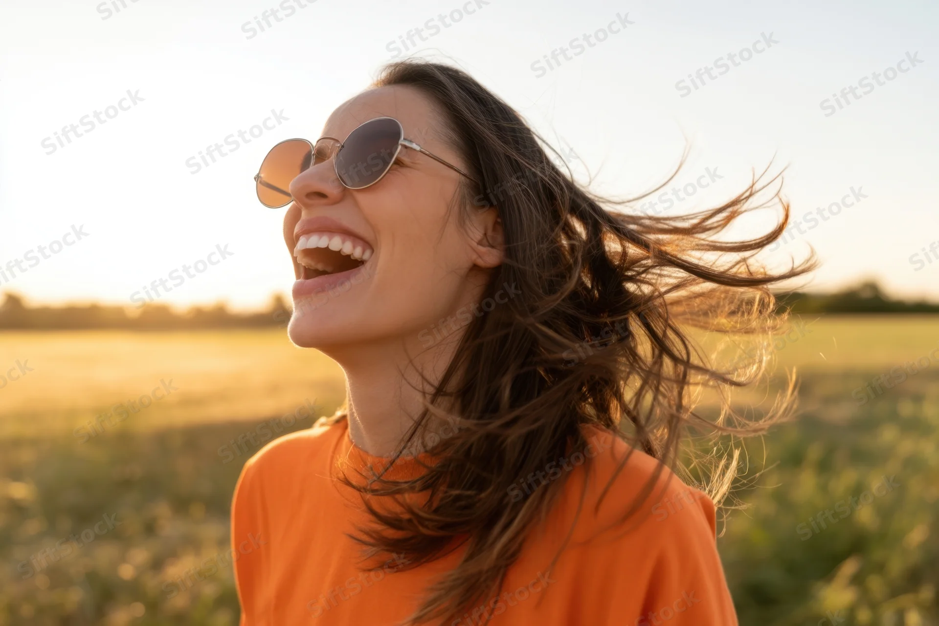 Woman laughing with hair blowing in wind in a field at sunset