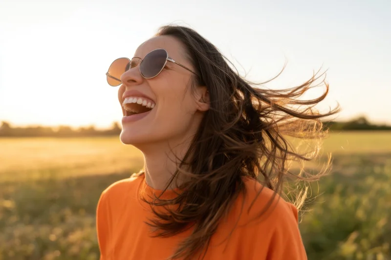 Woman laughing with hair blowing in wind in a field at sunset
