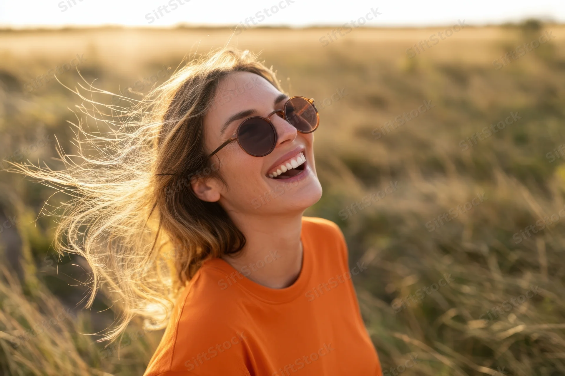Woman laughing outdoors in a field wearing round sunglasses and an orange tshirt with windblown hair