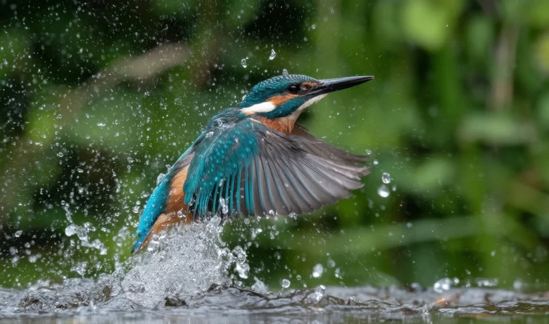 Kingfisher diving into water with wings spread, creating splash in natural habitat