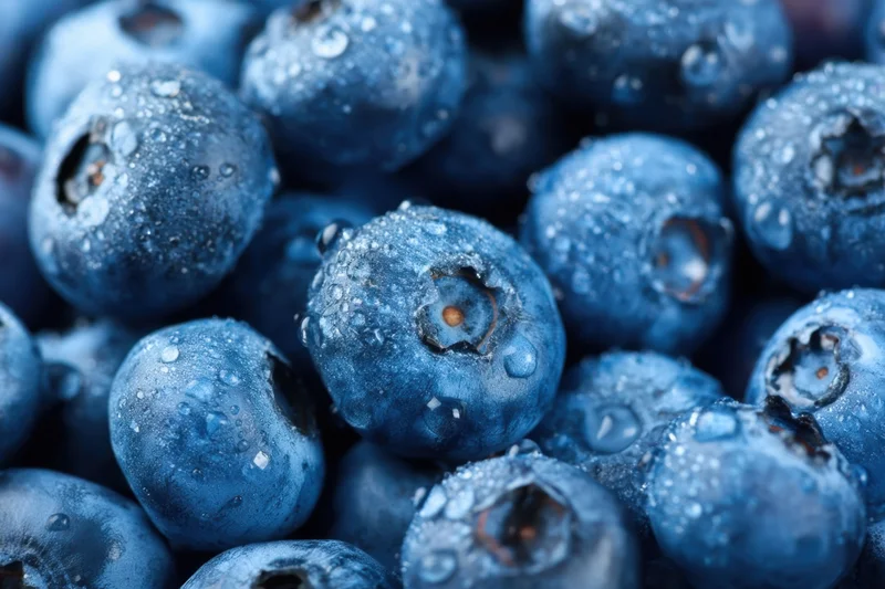 Closeup of fresh blueberries covered in water droplets, piled together