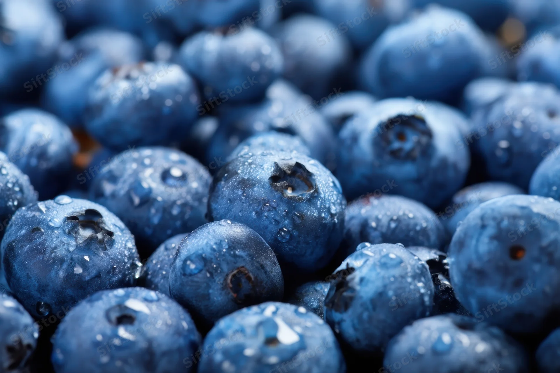 Closeup of fresh blueberries covered in water droplets, piled together