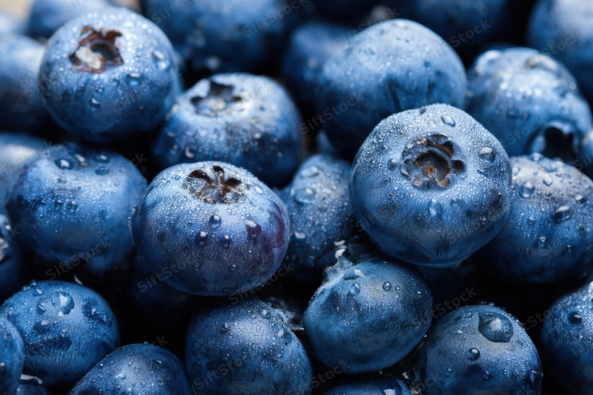 Closeup of fresh blueberries covered in water droplets, piled together