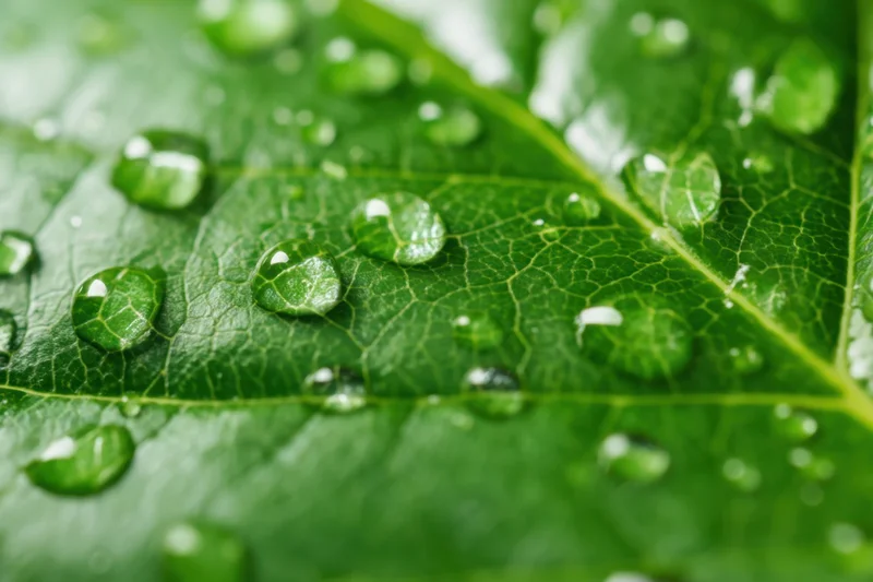 Closeup of a green leaf with dew droplets on its surface