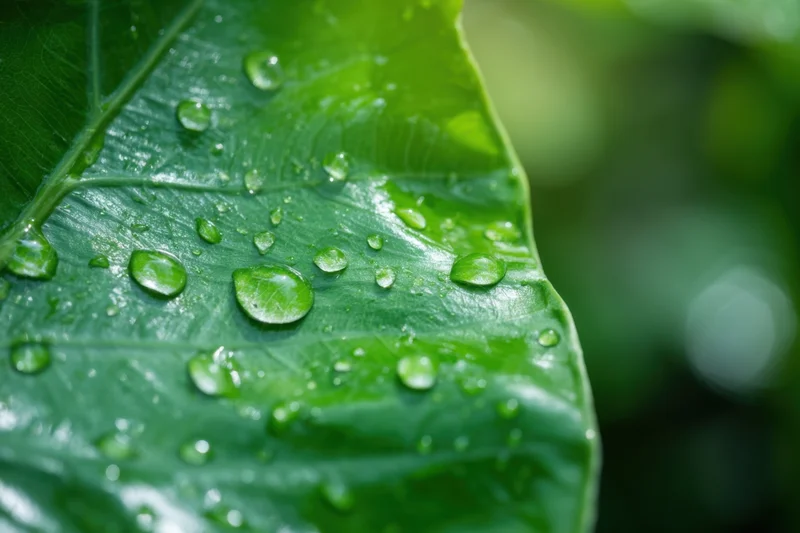 Closeup of a green leaf with water droplets on its surface in a natural setting
