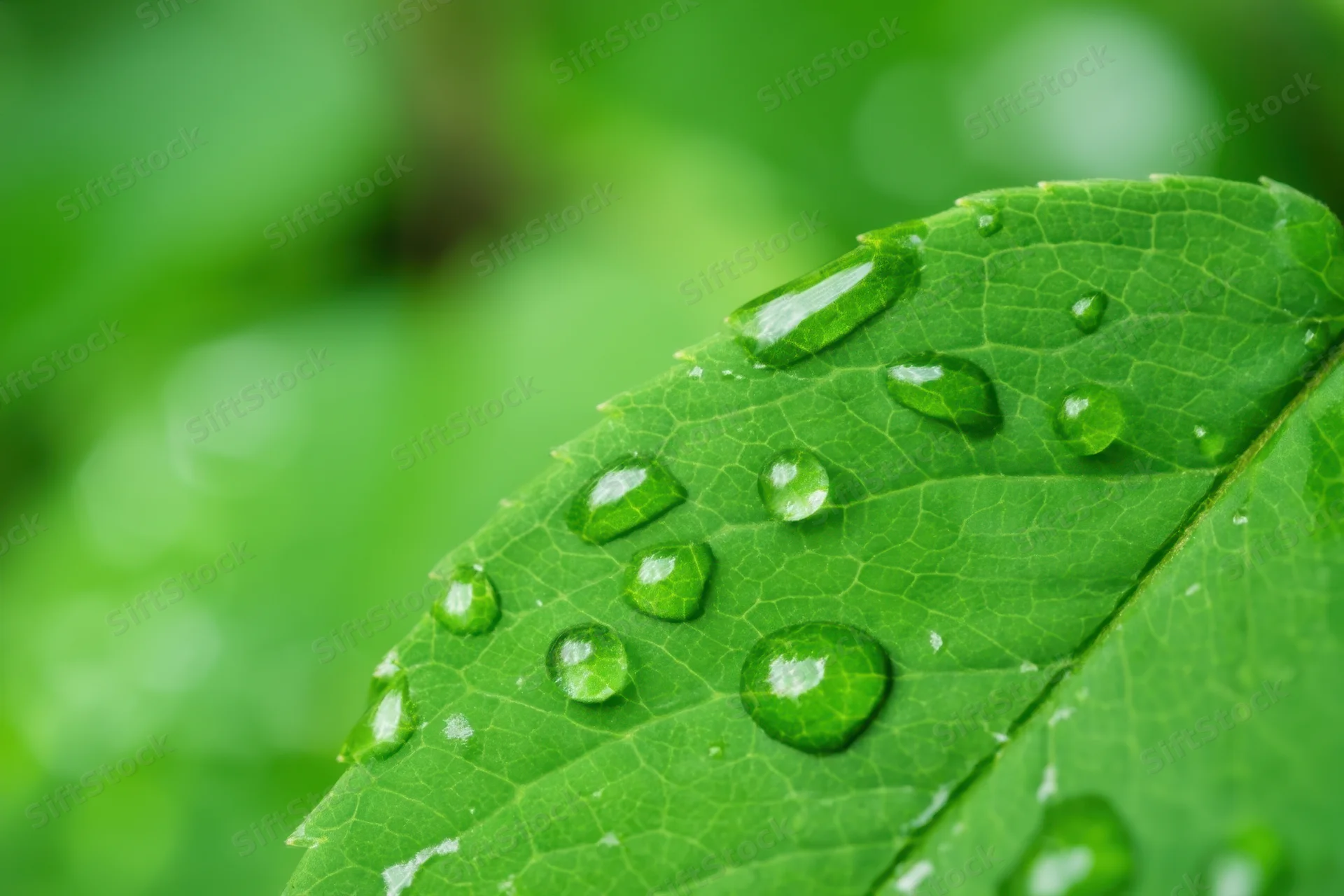 Closeup of a green leaf with dew droplets on its surface in a natural setting