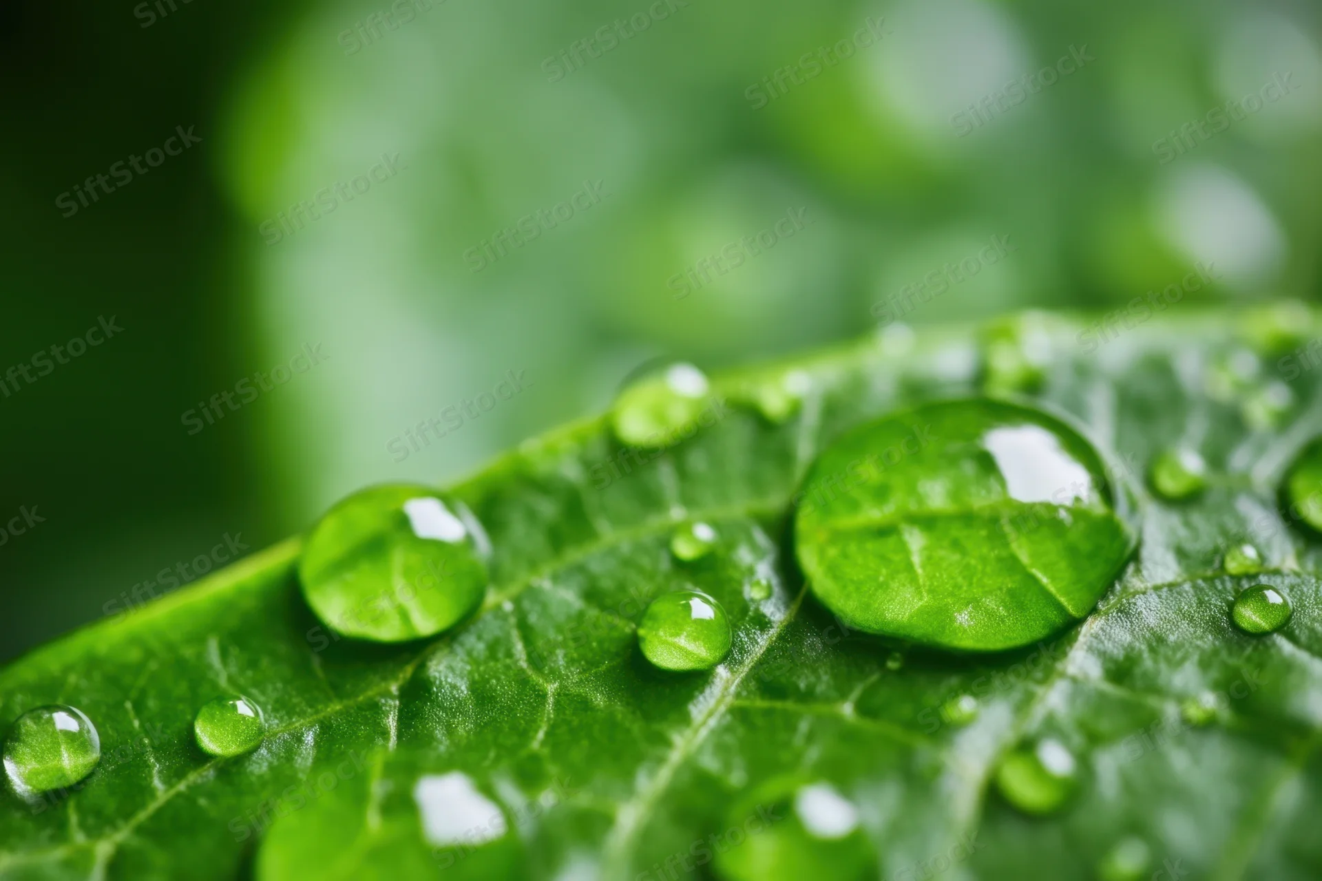 Water droplets resting on a green leaf in a natural setting