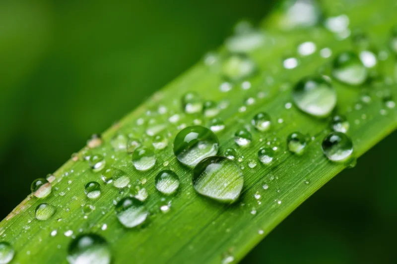 Water droplets on a green leaf in a natural setting