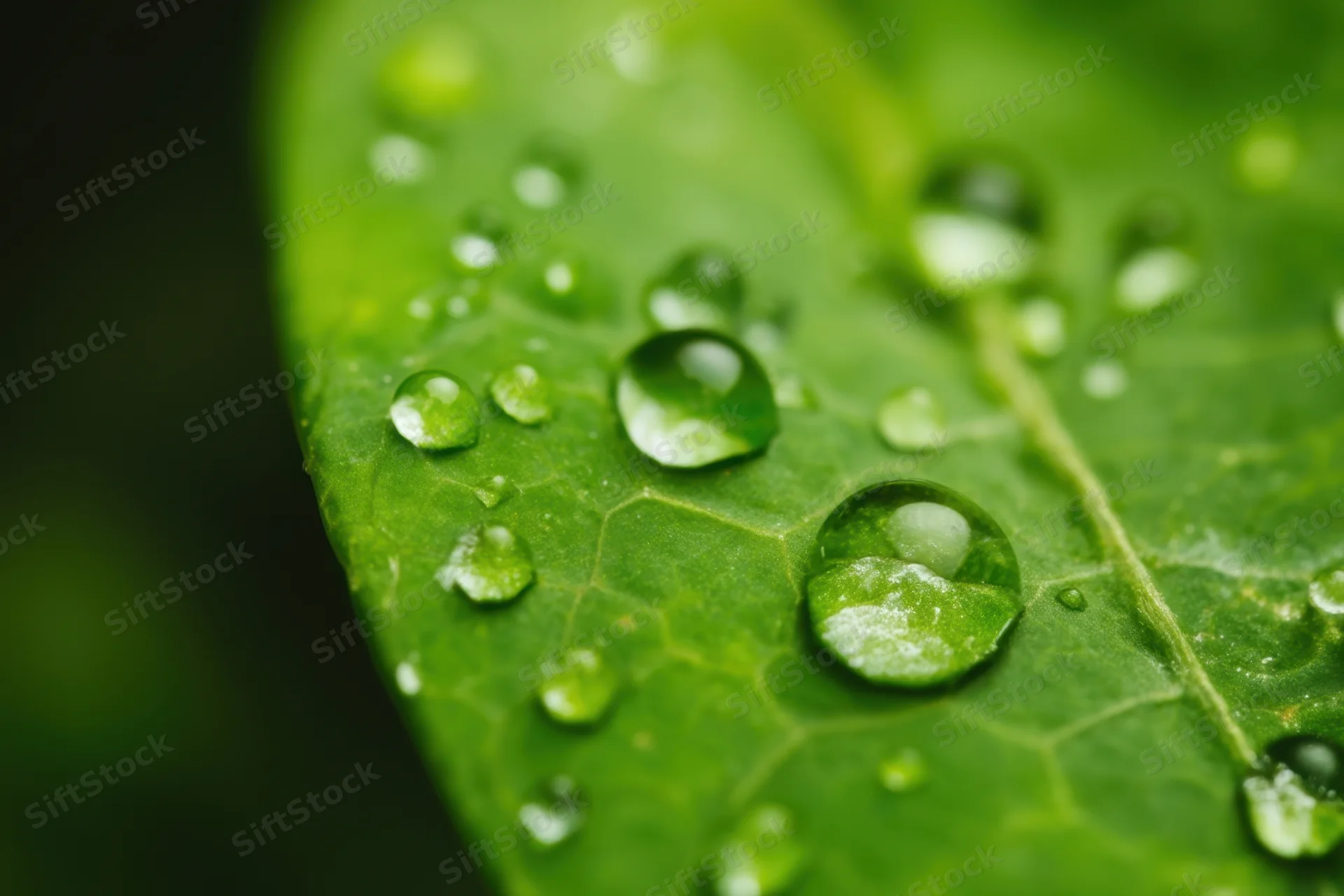 Closeup of water droplets on a green leaf surface