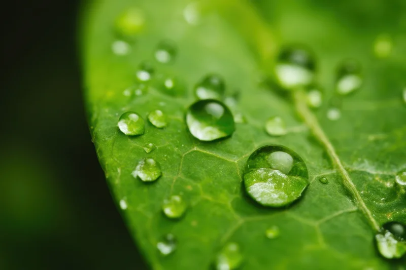 Closeup of water droplets on a green leaf surface