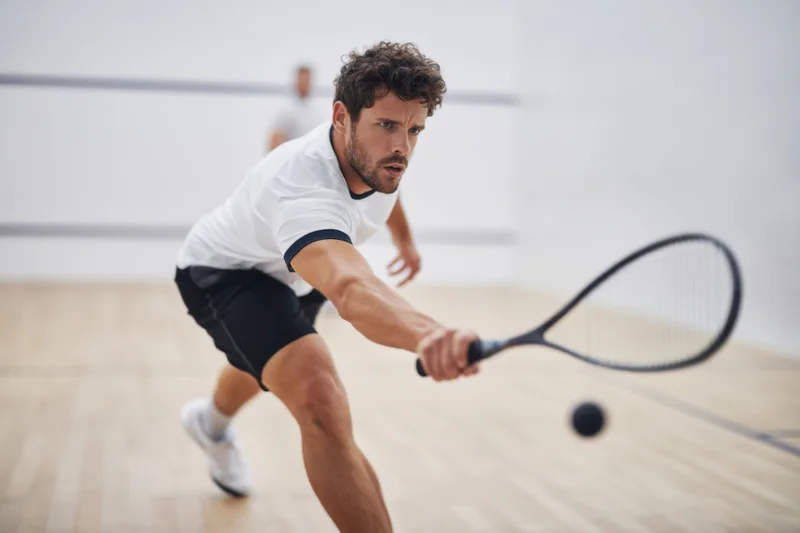 Male squash player hitting ball with racquet on indoor court