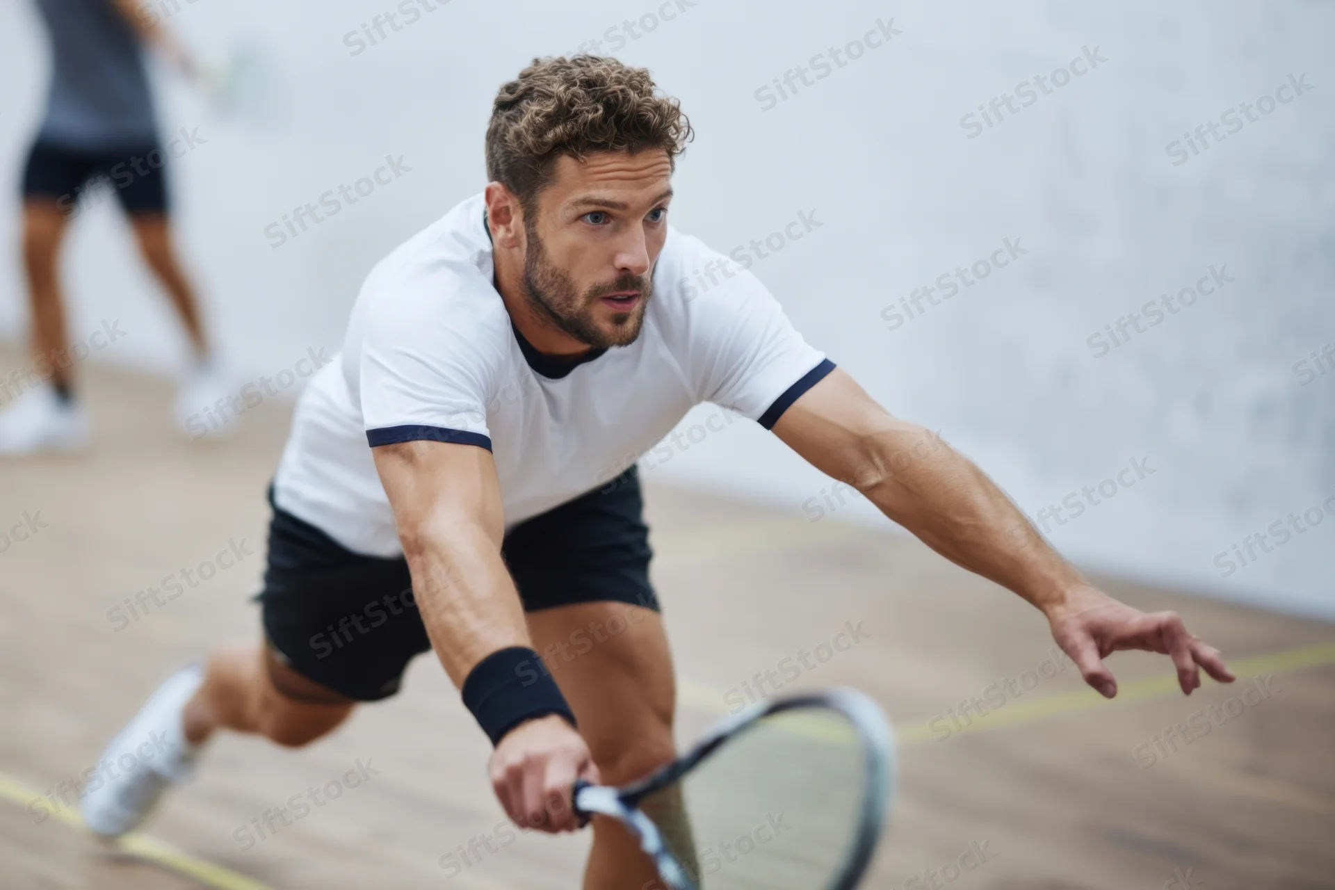 Male squash player in white shirt with dark trim and black shorts lunging forward with racquet on indoor court