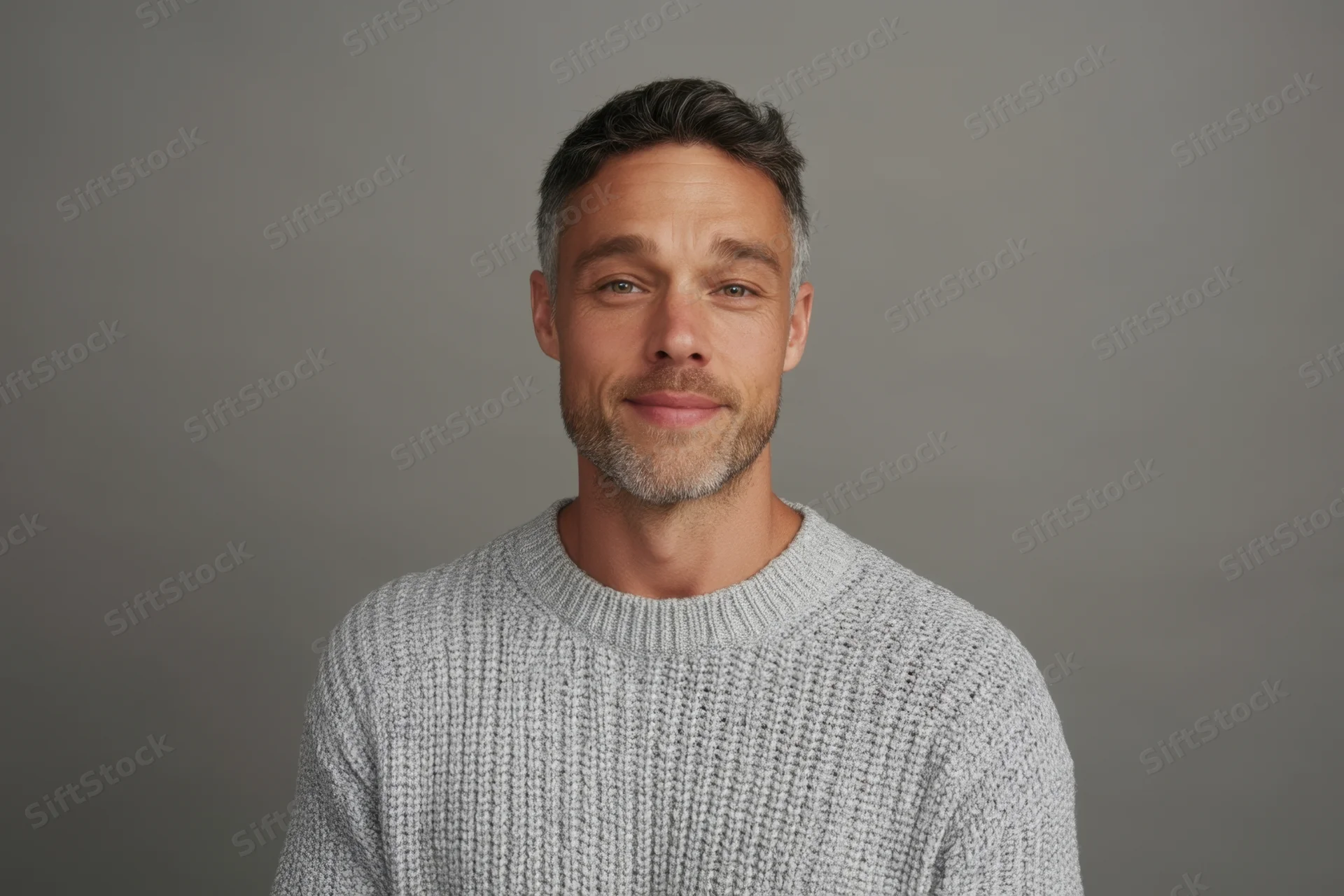 Man in light gray knitted sweater standing against neutral background smiling slightly in studio portrait