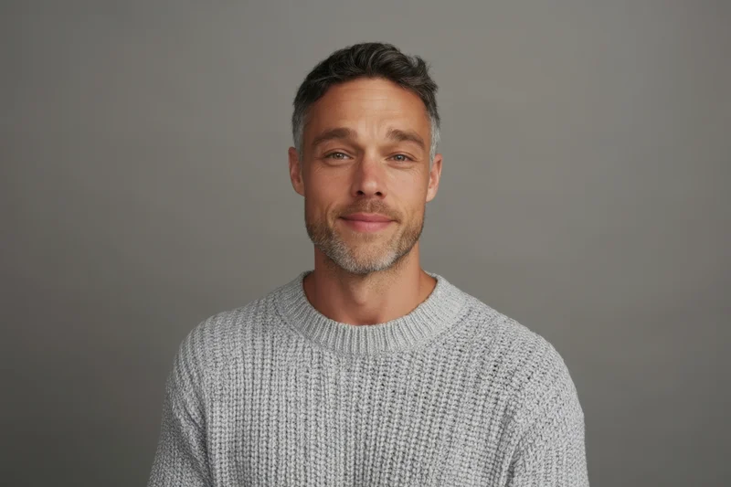 Man in light gray knitted sweater standing against neutral background smiling slightly in studio portrait