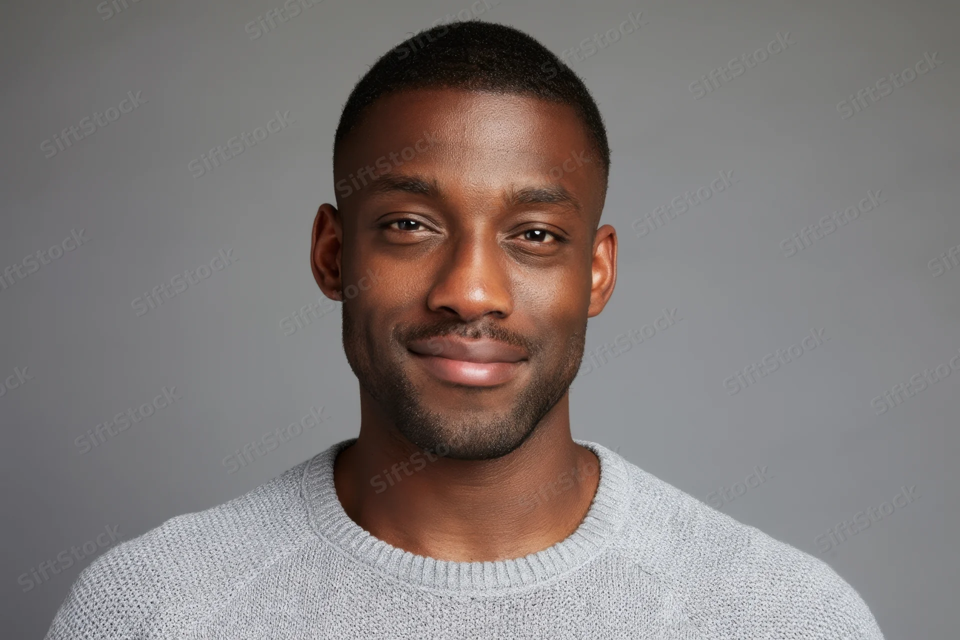 Smiling man in light gray knitted sweater against neutral background